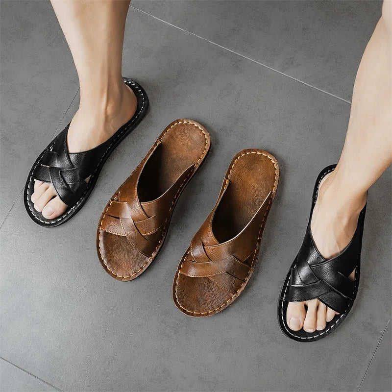 Genuine Leather Men Casual Sandals Summer Mens Slippers Outdoor Breathable Beach Shoes Comfortable Flats Men Flip Flops Size 48