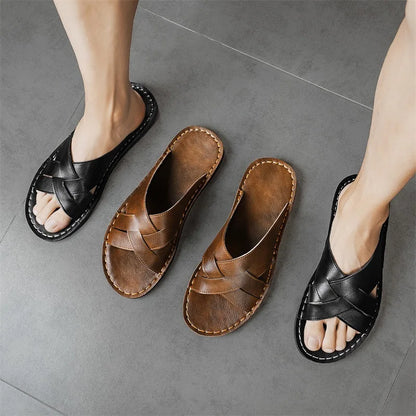 Genuine Leather Men Casual Sandals Summer Mens Slippers Outdoor Breathable Beach Shoes Comfortable Flats Men Flip Flops Size 48