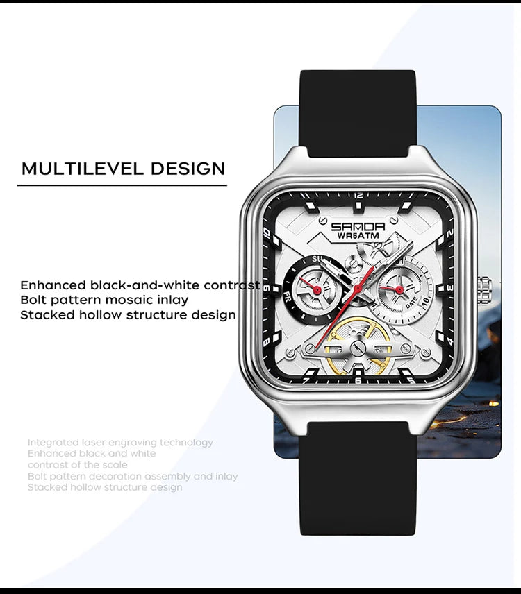 SANDA New Casual Men's Square Watches Fashion Hollow Skeleton Luminous 5ATM Waterproof Multifunction Chronograph Quartz Watch