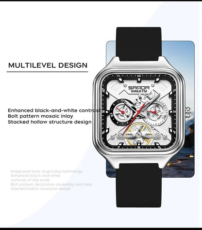 SANDA New Casual Men's Square Watches Fashion Hollow Skeleton Luminous 5ATM Waterproof Multifunction Chronograph Quartz Watch