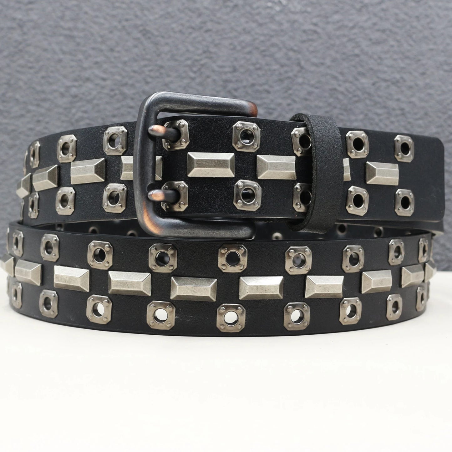 Rock Genuine Leather Luxury Punk Belt Jeans Heavy duty Hollow manual  Designer Brand Belt Men Rivet Three-pin buckle Belt Male