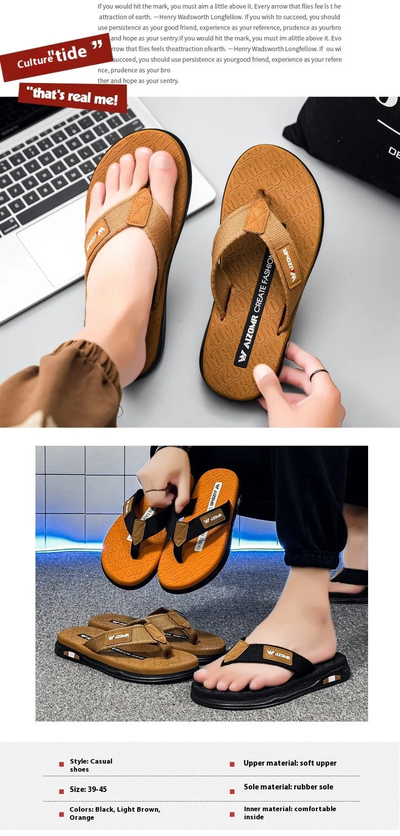 Men's flip flops summer trendy wear non-slip rubber sole sandals fashionable casual foot-clip flop comfortable beach shoes