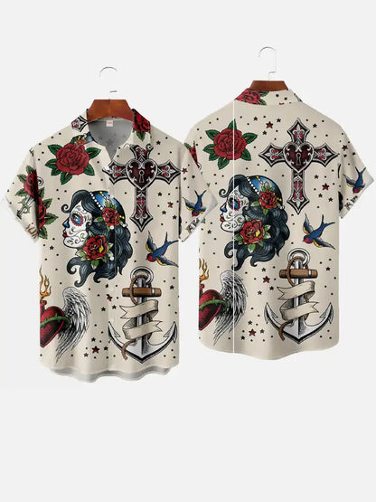 Mermaid Retro Printed Shirts Men's European And American Pattern Shirts Summer Casual Short Sleeved Shirt Hawaiian Button Shirts