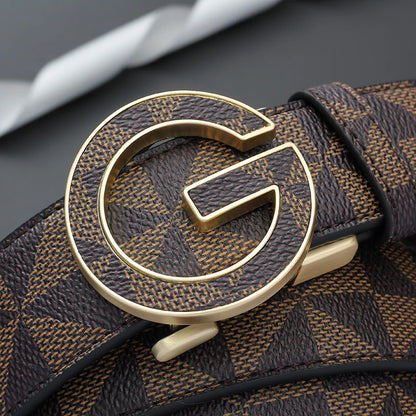 Men's Luxury Automatic Buckle Belt Classic Triangle Pattern PU Leather Business Casual Waistband for Jeans