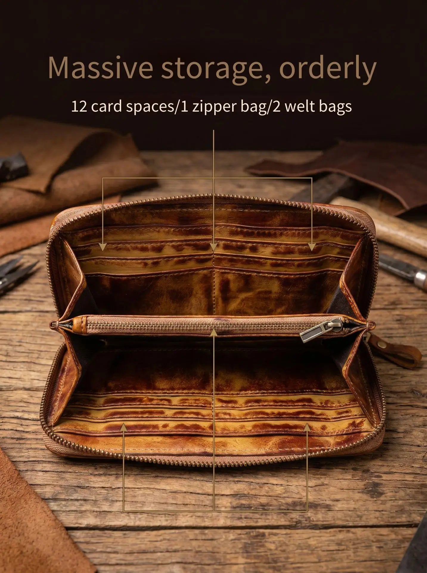 YETTIES Men's Vegetable Tanned Leather Long Clutch Wallet Large Capacity Multi-Function Document Vintage Business Handheld Purse