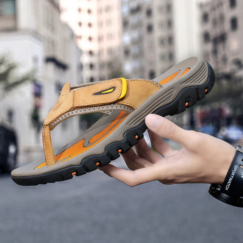 Men Sport Thong Slippers Genuine Leather Upper Adjustable Hook Loop Shock Absorb Anti Slip MD Sole Daily Beach Casual Flip Flops