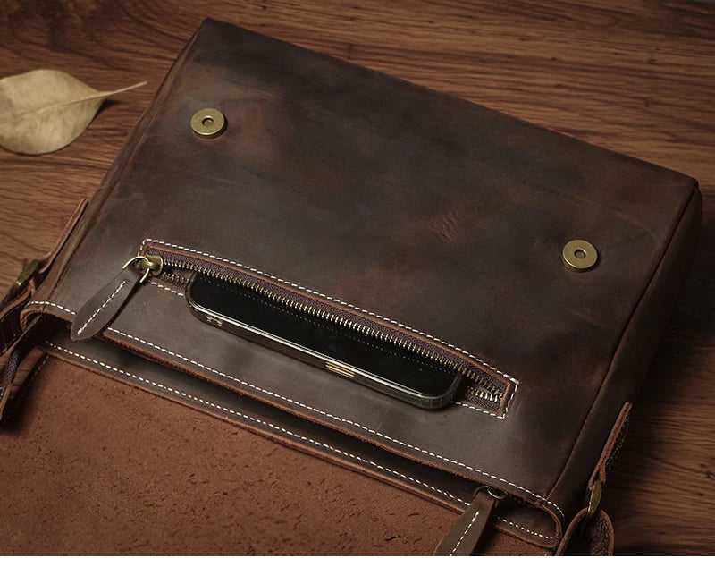 NUKA Men's Genuine Leather Shoulder Bag Retro Original Cowhide Horizontal Crossbody Deluxe Flap Messenger Bags For 11 Inch Ipad