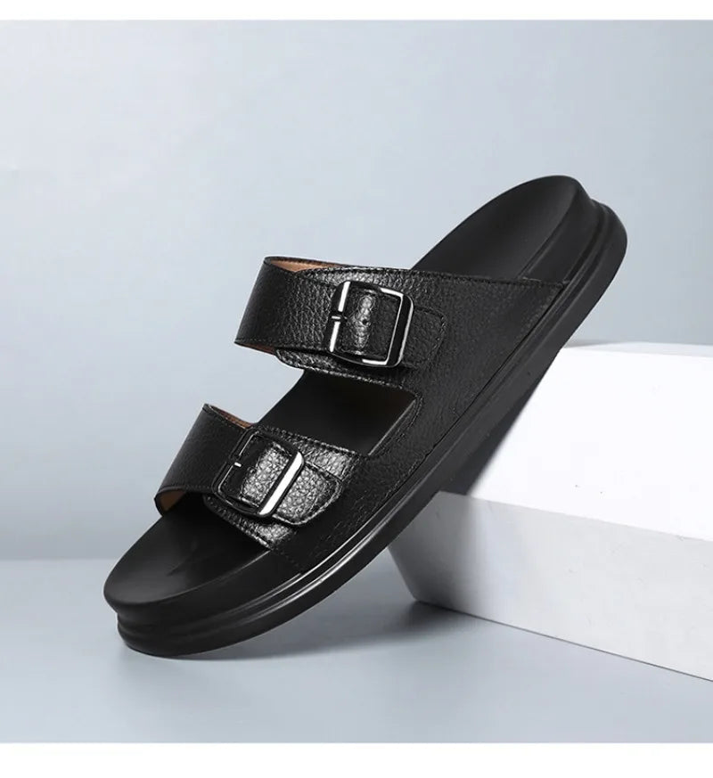 Summer Men's Slippers High Quality Cow Leather Sandals Outdoor Non Slip Platform Sandals Comfort Casual Slippers for Men Slides