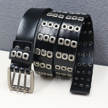 Rock Genuine Leather Luxury Punk Belt Jeans Heavy duty Hollow manual  Designer Brand Belt Men Rivet Three-pin buckle Belt Male