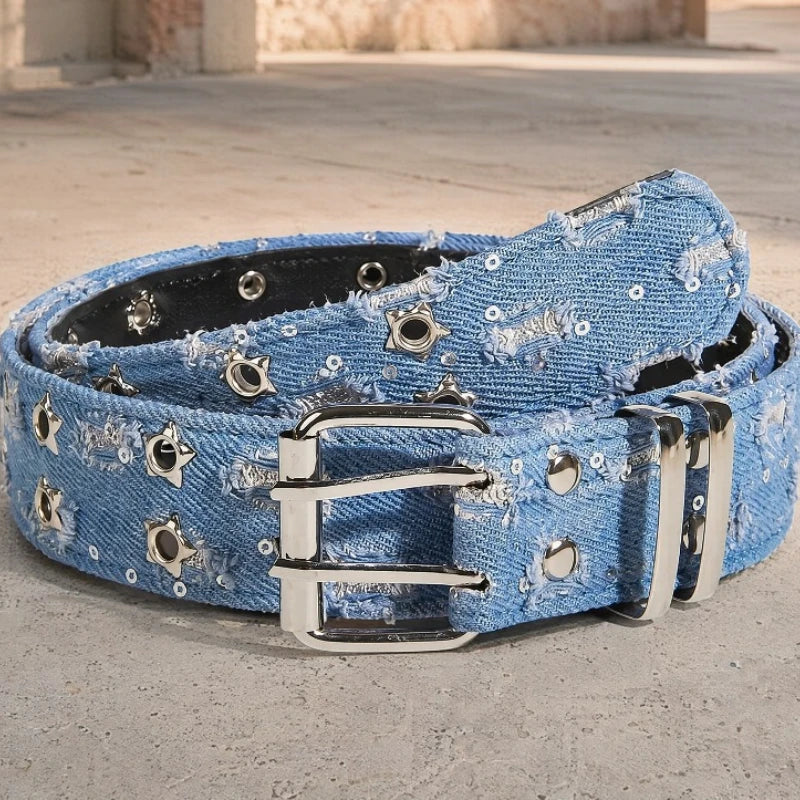 1Pc Fashion Luxury Belt Black Punk Accessories Blue Denim Girdle HipHop Y2k Star Hollowed Pin Buckle Waistband，For Men Women