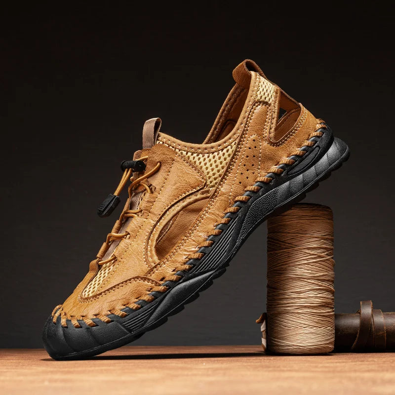 Summer Men Full Casual Leather Hand Stitch Big Size Outdoor Beach Sandals Closed Toe Non Slip Comfort New Summer Walking Shoes