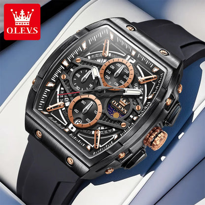OLEVS 2975 Men's Watches Hollowed Quartz Wristwatch Silicone Strap Tonneau Large Dial Design Waterproof Luminous Watch for Men