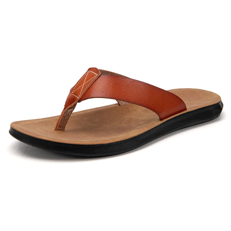 2023 New Italian Leather Flip-flops For Men Cool Beach Summer Shoes Hotel Slippers Man Big Size 47 Light Flats Luxe Men's Shoes