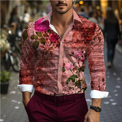 Men's Western Shirt Vintage Pattern Lapel Long Sleeve Button Print Top Fashion Streetwear Designer Western Style