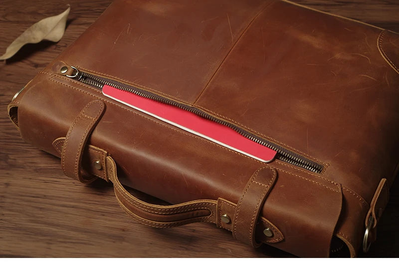 NUKA Men's Leather Handbag Vintage Business Briefcase Crazy Horse Cowhide Messenger Bag Deluxe Shoulder Bag For 15.6 Inch Laptop