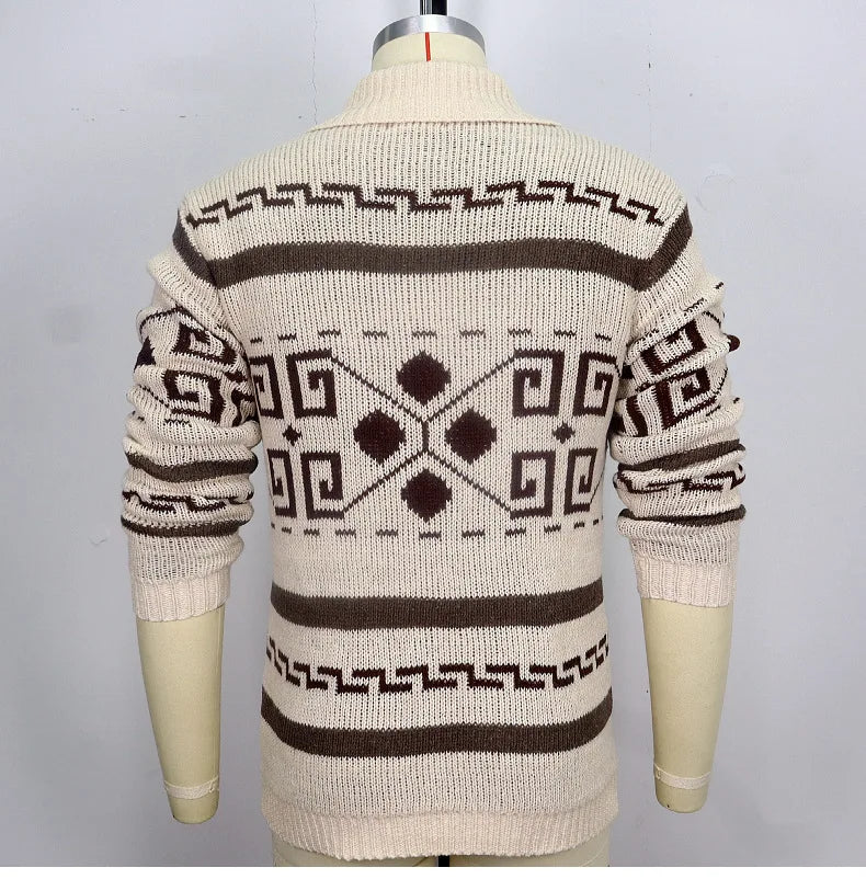 Men's Geometric Knit Cardigan Shawl Collar Full Zip-Up Tribal Print Sweater Chunky Ribbed Knit Vintage Navajo-Inspired Jacket