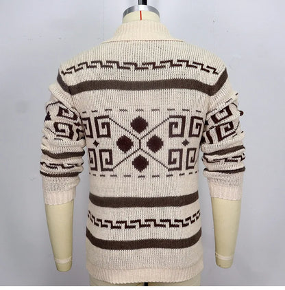 Men's Geometric Knit Cardigan Shawl Collar Full Zip-Up Tribal Print Sweater Chunky Ribbed Knit Vintage Navajo-Inspired Jacket