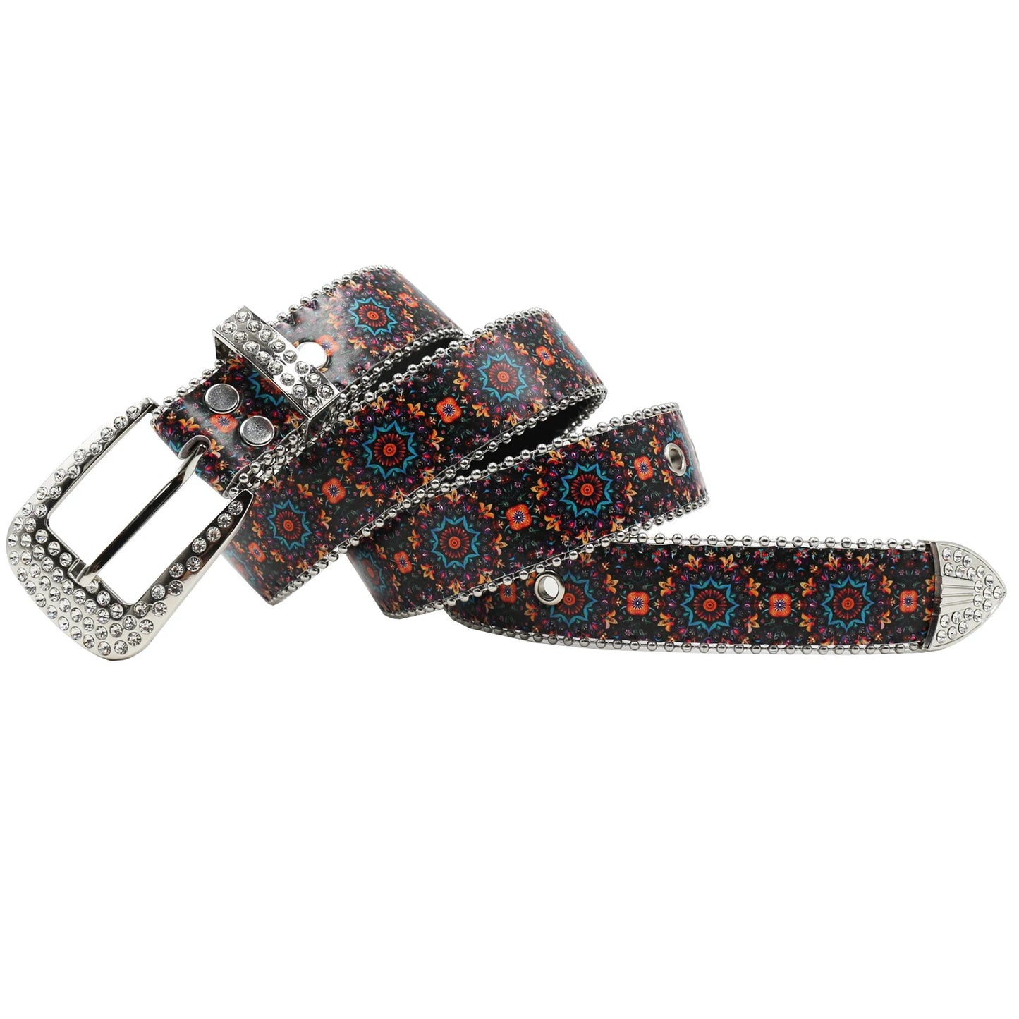 Rhinestone belt B&B style blue print pattern Women's Jeans Rhinestone Belt Men's Belt Western Denim Leather HipHop Rock