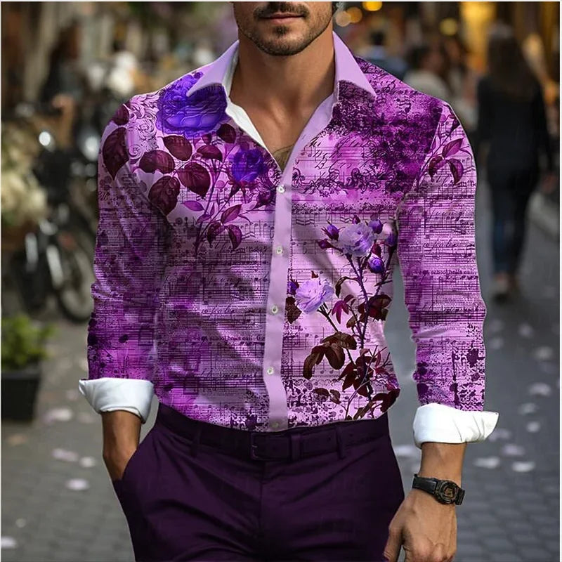 Men's Western Shirt Vintage Pattern Lapel Long Sleeve Button Print Top Fashion Streetwear Designer Western Style