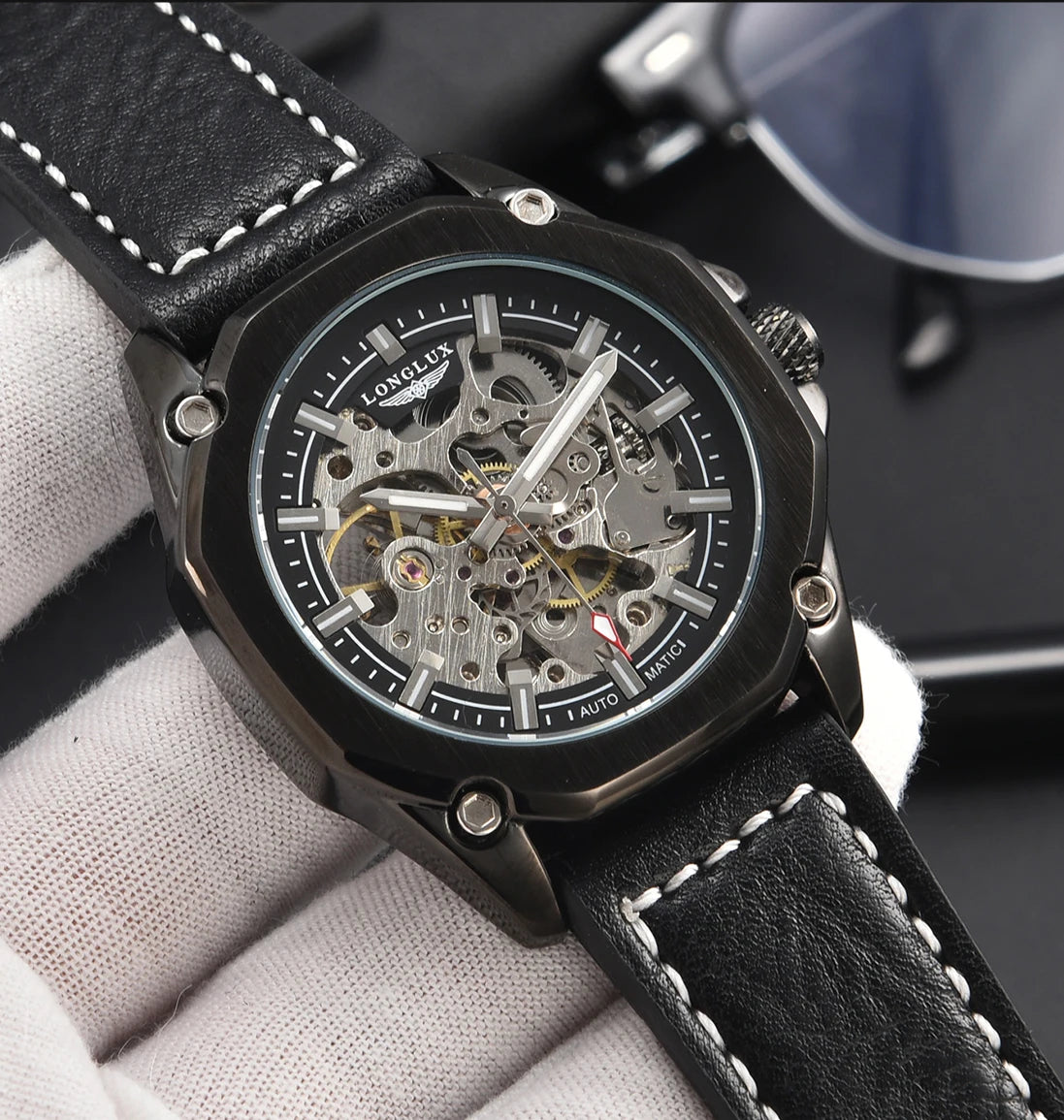 LONGLUX Automatic Watch Sport Style Wholesale Mechanical Wristwatches Fashion Hollow Leather Mens Watch Men Gift