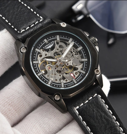 LONGLUX Automatic Watch Sport Style Wholesale Mechanical Wristwatches Fashion Hollow Leather Mens Watch Men Gift