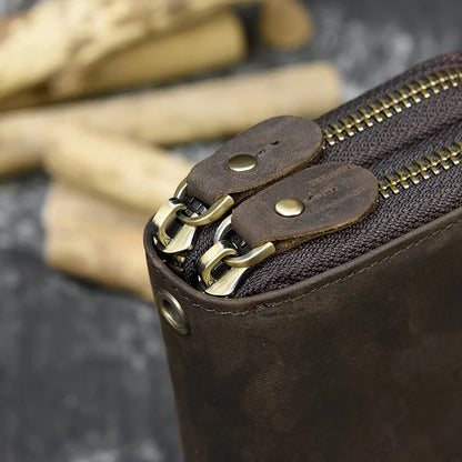 Luufan Vintage Crazy Horse Leather Men Women Long Purse Wallet Credit Card Double Zip Wallets Long Wallet Male Clutch Purse