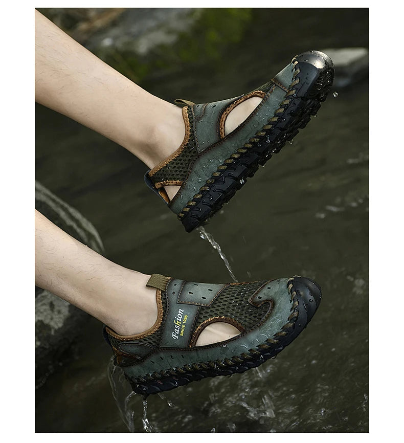 Summer Sandals Breathable Men Shoes Leather & Mesh Outdoor Men Sandals Antiskid Beach Sandals Hollow Flats Footwear Handmade New