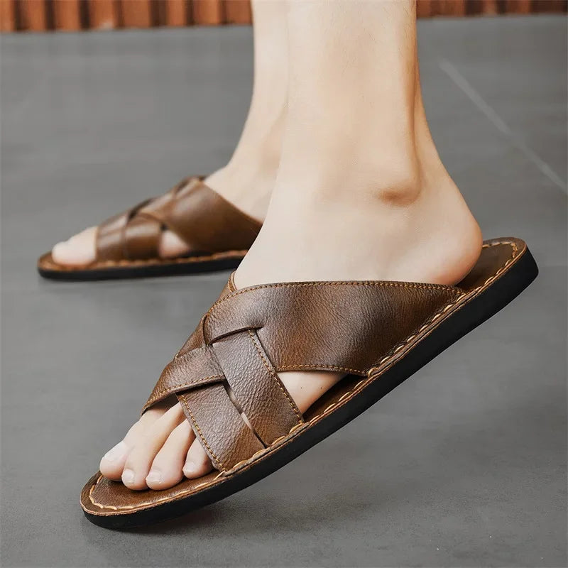 Genuine Leather Men Casual Sandals Summer Mens Slippers Outdoor Breathable Beach Shoes Comfortable Flats Men Flip Flops Size 48
