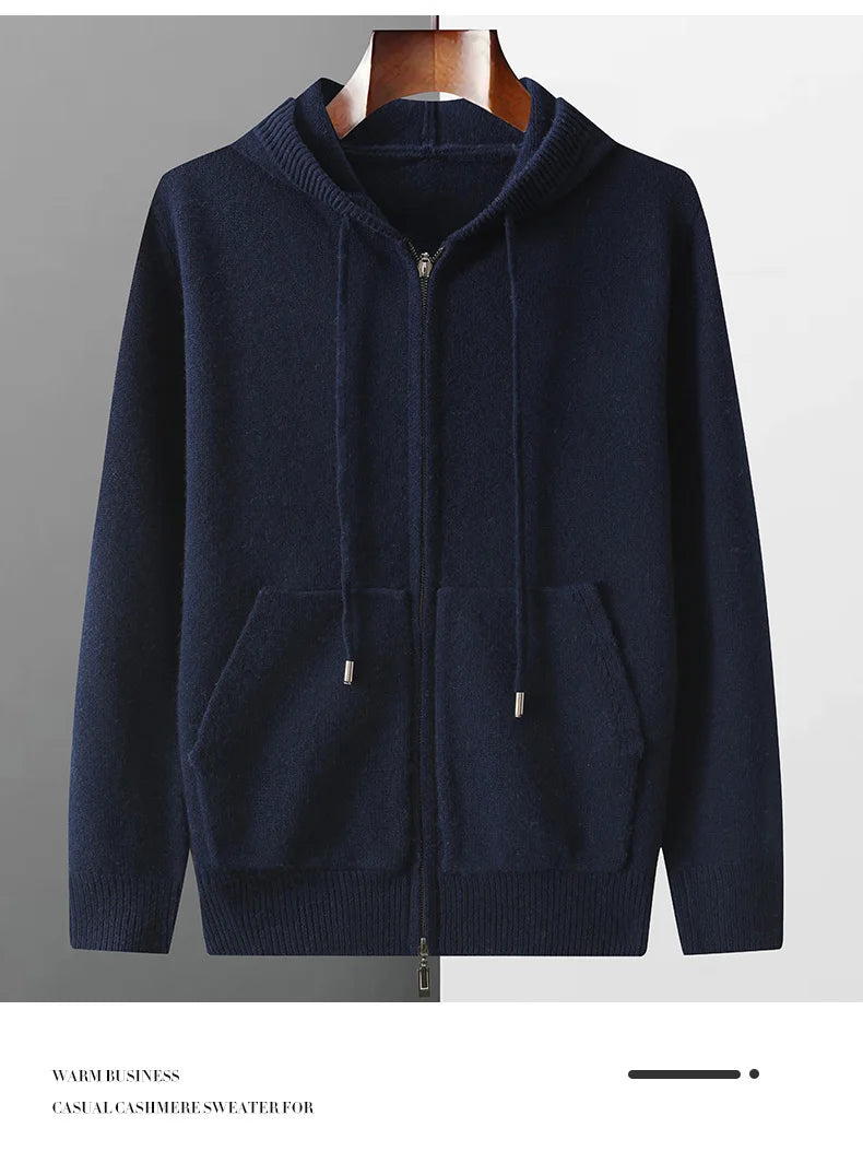 Autumn And Winter Men's 100% Pure Wool Cardigan Warm Zipper Hooded Casual Knitted Cashmere Coat