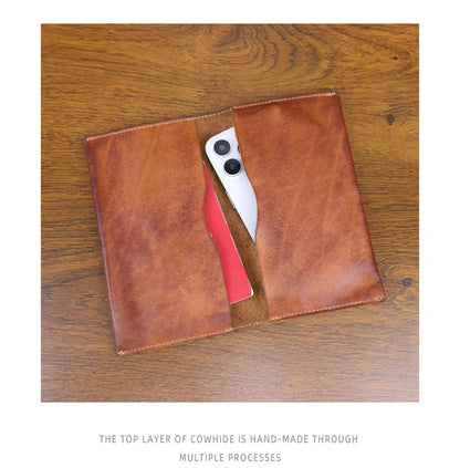 Large Capacity Men Wallet Vintage Genuine Cow Leather Handbag Card Holder Phone Pocket High Quality Handmade Male Money Clips