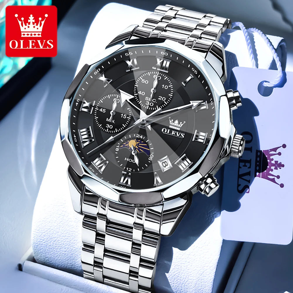 OLEVS 3675 Mens Watch Original Multifunctional Chronograph Quartz Watch Moon Phase Watches For Men Waterproof Mens Gifts Reloj