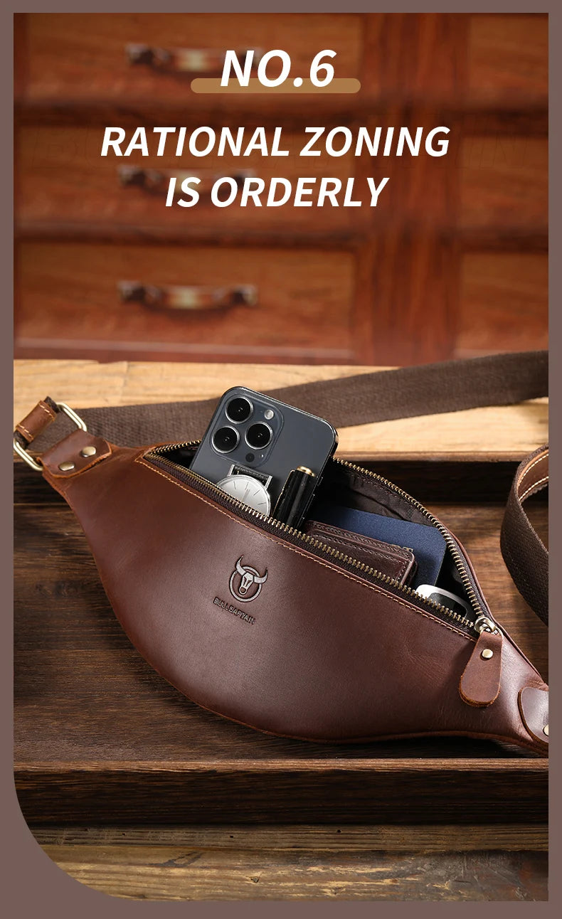 BULLCAPTAIN Men's Crazy Horse Leather Belt Bag Classic Retro Crossbody Bag Outdoor Storage Mountaineering Mobile Phone Bag