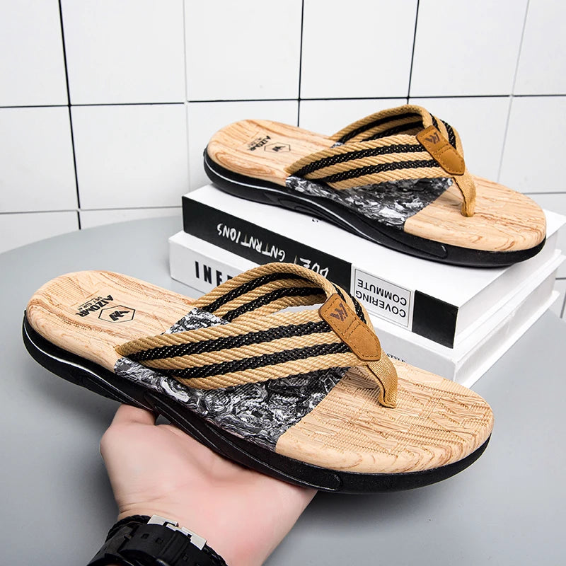 Japanese wood grain flip flops for men in summer wear anti-slip trend printed soft bottom clip foot stroke beach sand sand