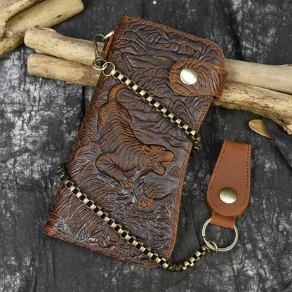 Men's Genuine Leather Wallet Chain Snap Bifold Purse Crazy Horse Leather Card Case Phone Card Holder Clutch Dragon Wallet