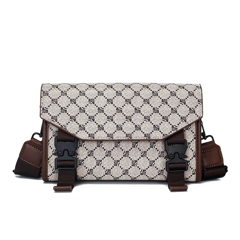 Men's Classic Printed Crossbody Bag – Gray Geometric Pattern Sling Bag with Buckle Closure Ideal for Daily Commute & Casual Wear