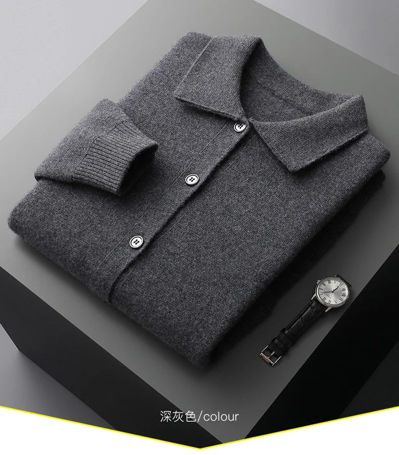 Autumn And Winter 100% Cashmere Cardigan Men's POLO Collar Coat Knitted Baseball Uniform Jacket Bottoming Wool Sweater