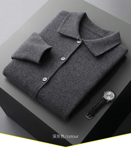Autumn And Winter 100% Cashmere Cardigan Men's POLO Collar Coat Knitted Baseball Uniform Jacket Bottoming Wool Sweater