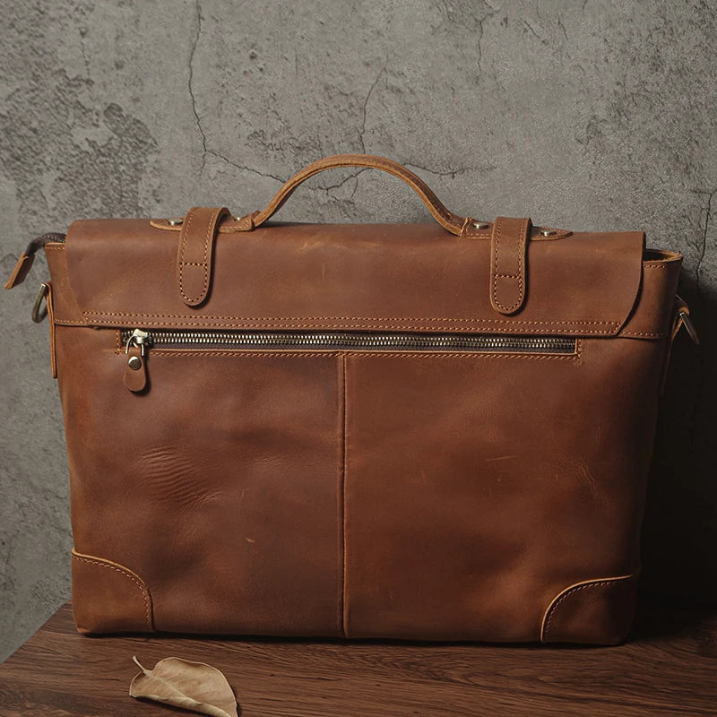 NUKA Men's Leather Handbag Vintage Business Briefcase Crazy Horse Cowhide Messenger Bag Deluxe Shoulder Bag For 15.6 Inch Laptop