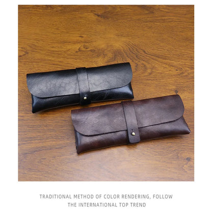 Genuine Leather Men Pencil Bag Handmade Wallet Large Capacity Retro Glasses Storage Bag Stationery Pencil Case Unisex Purses