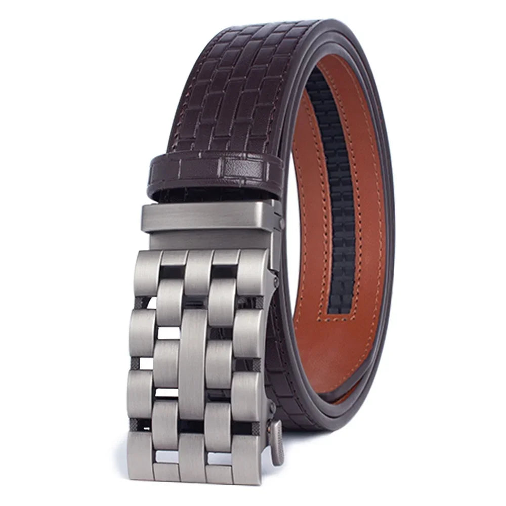 2023 Men Belt Metal Luxury Brand Automatic Buckle Plaid Genuine Leather Belts for Men Waist Strap Black Male