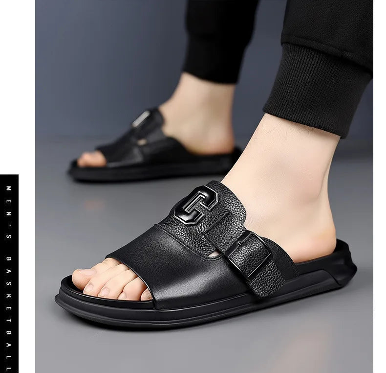 Men Outwear Genuine Leather Slippers for Men Fashion Buckle Designer Summer Flip-flops Male Casual Non-slip Beach Shoes Man