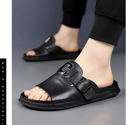 Men Outwear Genuine Leather Slippers for Men Fashion Buckle Designer Summer Flip-flops Male Casual Non-slip Beach Shoes Man