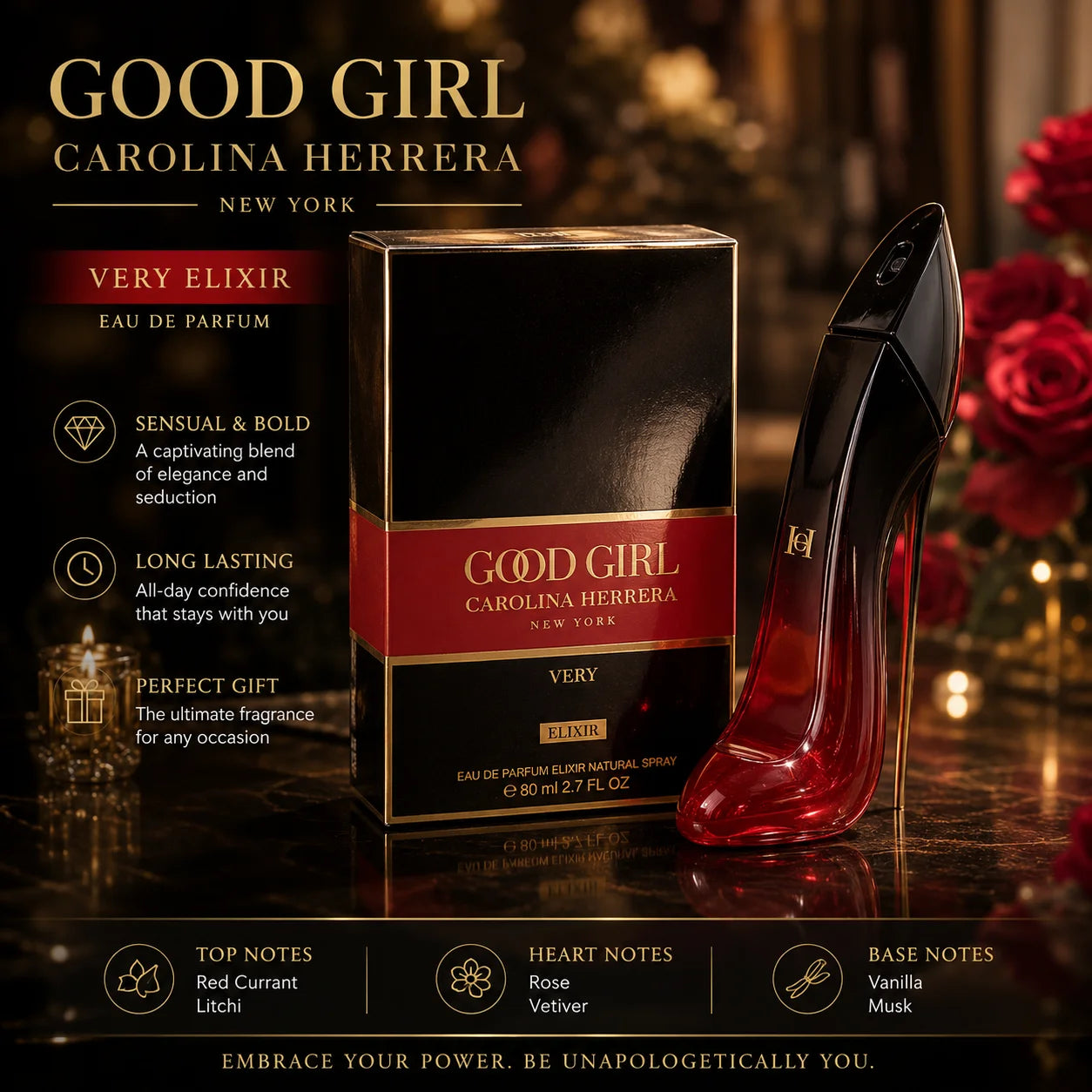 Good Girl Very Elixir Style Perfume For Women 80ml - Long Lasting Intense Red High Heel Bottle Fragrance - Luxury Stiletto Cologne Gift