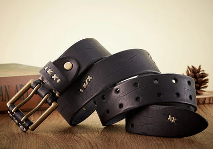 3.8CM Real Genuine Leather Belt Luxury Designer Brass Double Pin Buckle Belts Pure Cowskin Vintage Strap Male Jeans Belt for Men