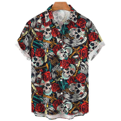 Men's Shirt Sailing Skull Print Shirts Hawaiian Fashion Casual Rock Print Plus Size Tops 2023 New Beach Men's Clothing Shirt