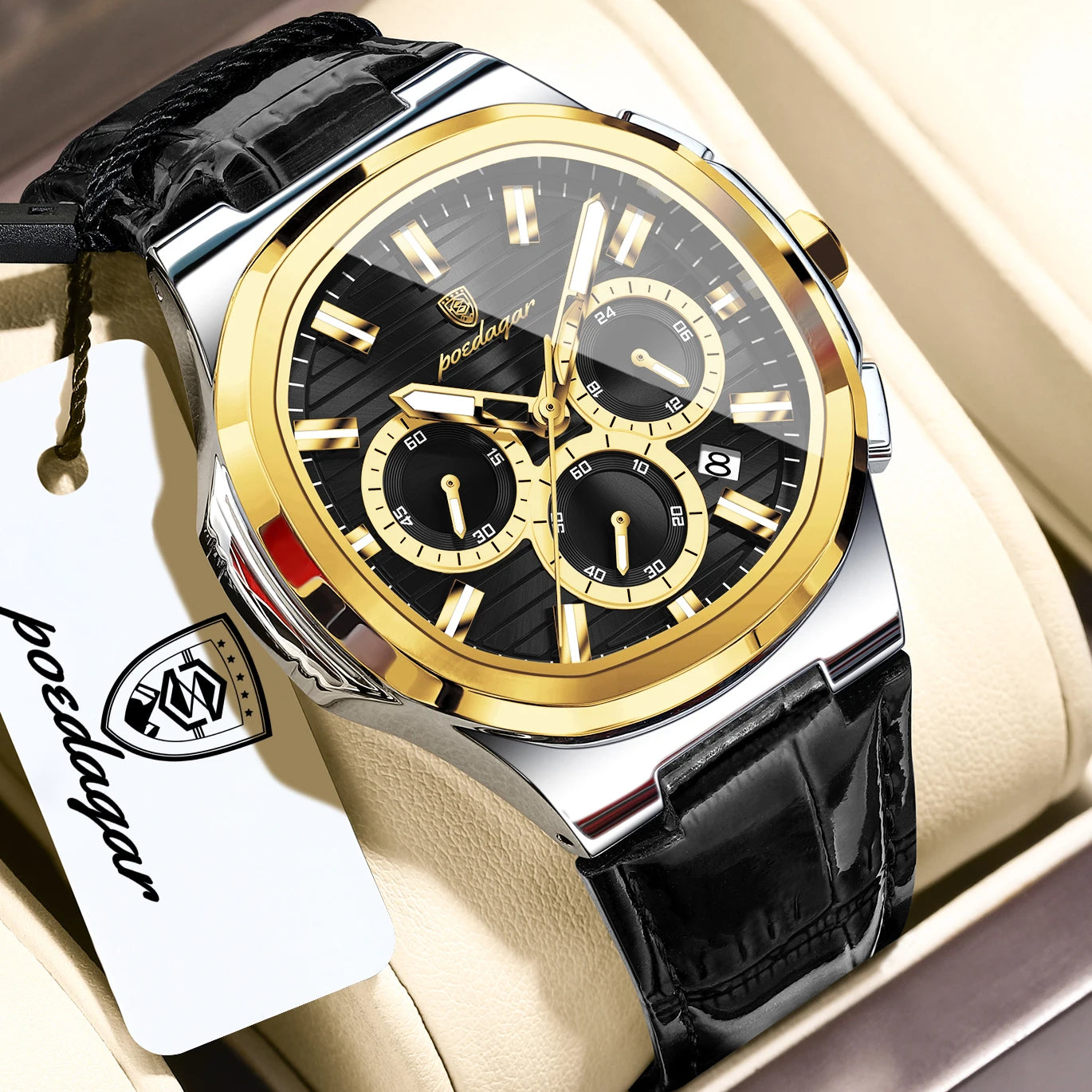 POEDAGAR Top Business Man Wristwatch Date Chronograph Waterproof Luminous Luxury Men Watch Leather Quartz Men's Watches Male+Box