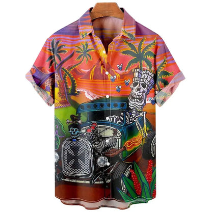 Men's Shirt Sailing Skull Print Shirts Hawaiian Fashion Casual Rock Print Plus Size Tops 2023 New Beach Men's Clothing Shirt
