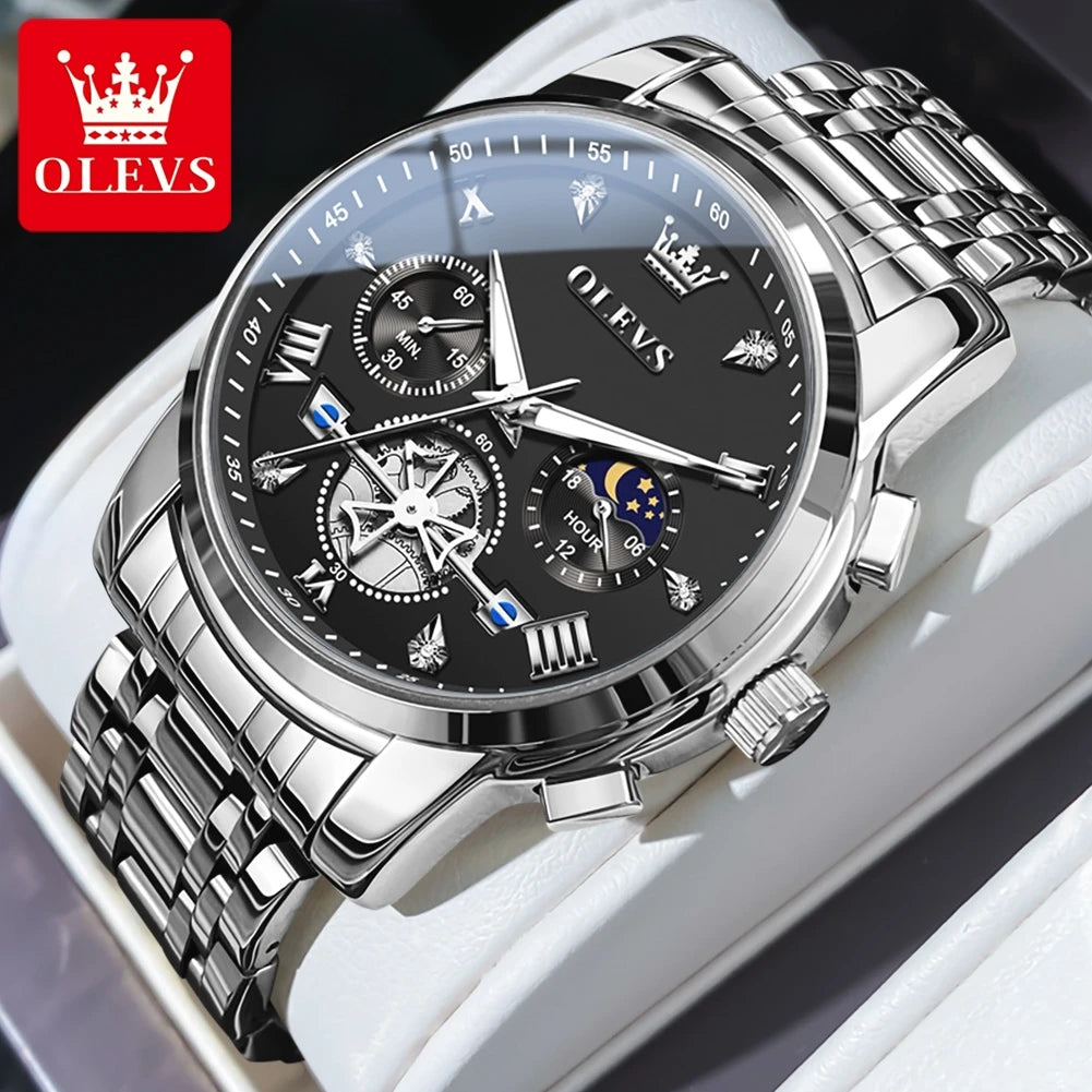 OLEVS Men's Watches Classic Multifunctional Flywheel Chronograph Original Quartz Wristwatch Moon Phase 24 Hour Waterproof Reloj