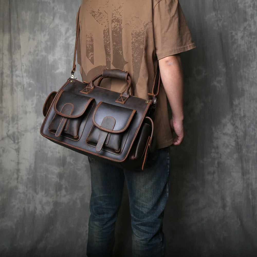 Crazy Horse Leather Retro Men's Horizontal Handbag Genuine Leather Niche Single Shoulder Cross Shoulder Large Capacity Briefcase