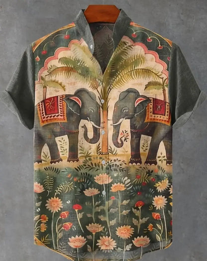 New Retro Men's Ethnic Elephant Pattern Print Lapel Shirt, Fashion Casual Short Sleeve Linen Neuheiten in Oberteile Und T-shirts